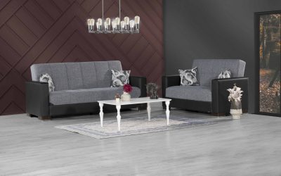 Armada Sofa Sleeper & Loveseat Gray Fabric with Black Leatherette