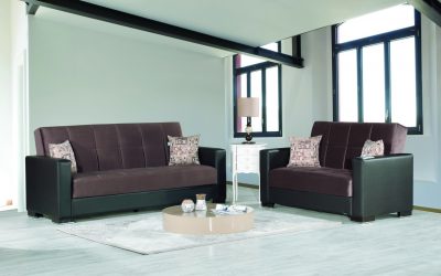 Armada Sofa Sleeper & Loveseat Brown Microfiber with Brown Leatherette