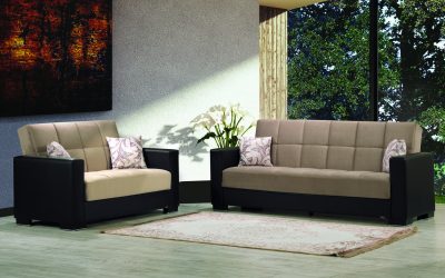 Armada Sofa Sleeper & Loveseat Sand Microfiber with Black Leatherette