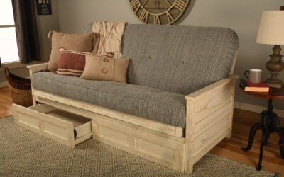 Lexington Full Wood Futon Frame with Drawers and Mattress in Weathered White