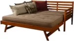 BoHo Daybed Rustic Walnut with Pop-Up Trundle and 2 Twin Futon Mattresses Linen Stone