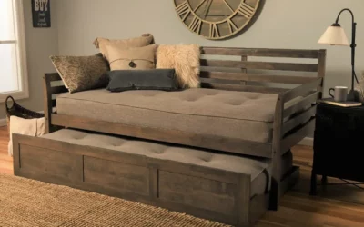 BoHo Daybed Rustic Walnut with Trundle Drawer And 2 Twin Futon Mattresses Linen Stoneesses