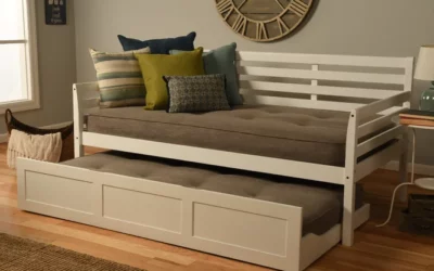 BoHo Daybed White with Trundle Drawer and 2 Twin Futon Mattresses Linen Stones