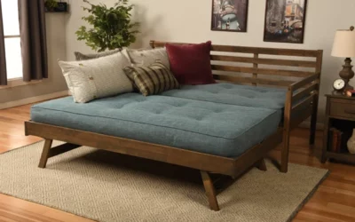 BoHo Daybed Rustic Walnut with Pop-Up Trundle and 2 Twin Futon Mattresses Linen Aqua