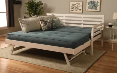BoHo Daybed White with Pop-Up Trundle and 2 Twin Futon Mattresses Linen Aqua