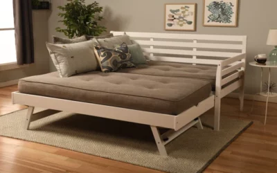 BoHo Daybed White with Pop-Up Trundle and 2 Twin Futon Mattresses Linen Stone