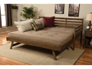 BoHo Daybed Rustic Walnut with Pop-Up Trundle and 2 Twin Futon Mattresses Linen Stone
