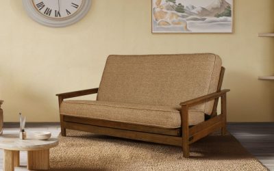 Emily Full Wood Futon Frame Brownstone Finish with Mattress in Taupestone